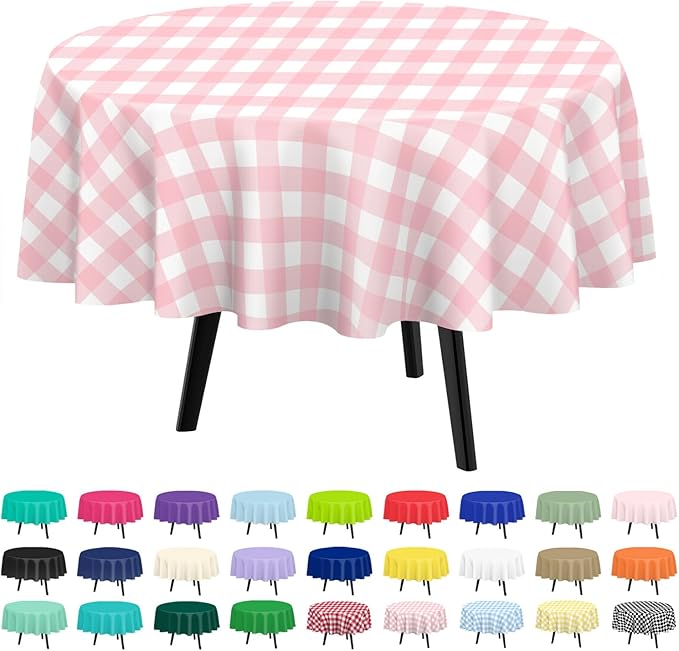 QIKSION Pink Gingham Round Tablecloth 2 Pack, 84 Inch Plastic Checkered Table by QIKSION
