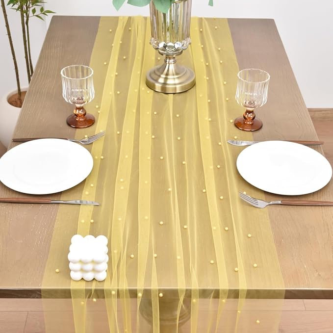 Joanlody Fall Pearl Table Runner 10ft Rustic Boho Tulle Table Runner - Image 3