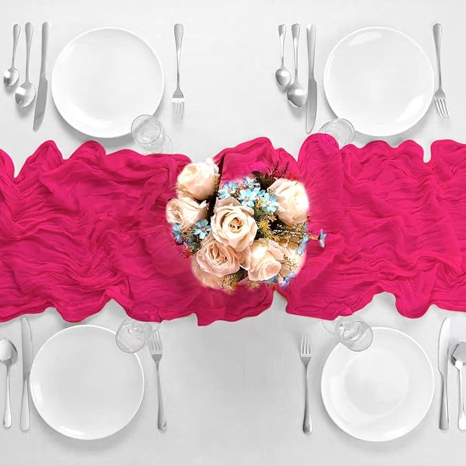 8 Pack Hot Pink 10 Ft Cheesecloth Table Runner 35x120 Inch Boho Wrinkled Sheer - Image 3