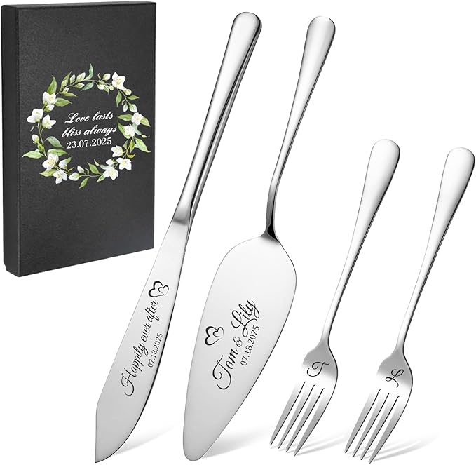 Personalized 4 Piece Wedding Cake Cutting Set, Custom Names Cake Knife and by Unknown