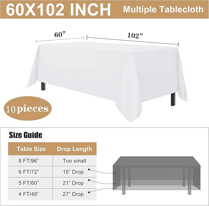 sancua 10 Pack White Tablecloth 60 x 102 Inch, Rectangle Table Cloth - Image 7