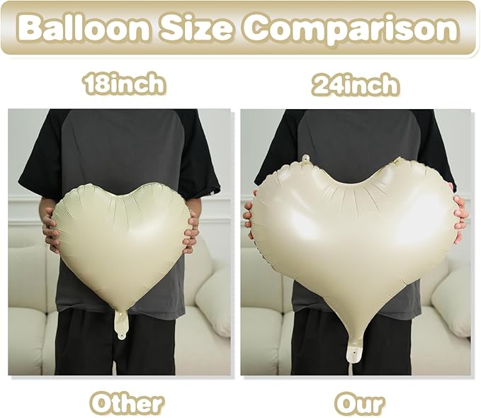 Cream White Beige Heart Balloons, 24Inch Large Heart Foil Balloons - Image 3