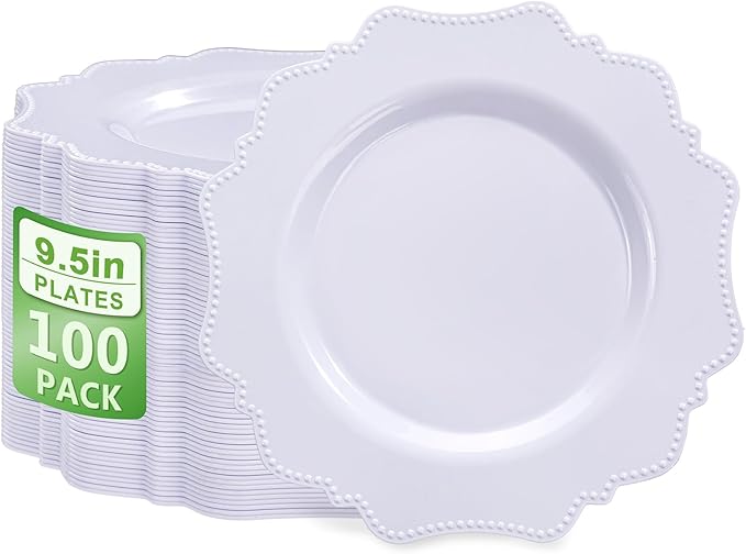 COLOSUS 100pcs 9.5 Inch-White Plastic Dinner Plates, Fancy White Plastic Plates by COLOSUS