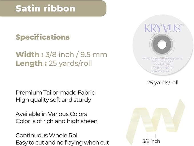 Beige Satin Ribbon 3/8 inch X Continuous 25 Yards, Single Face Polyester Ribbon - Image 3