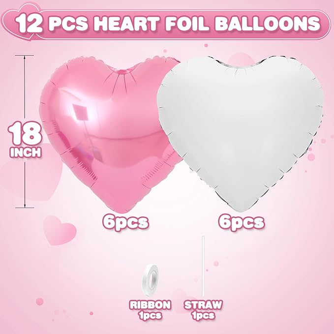 Pink White Heart Balloons, 18Inch White Helium Polyester Film Balloon - Image 2