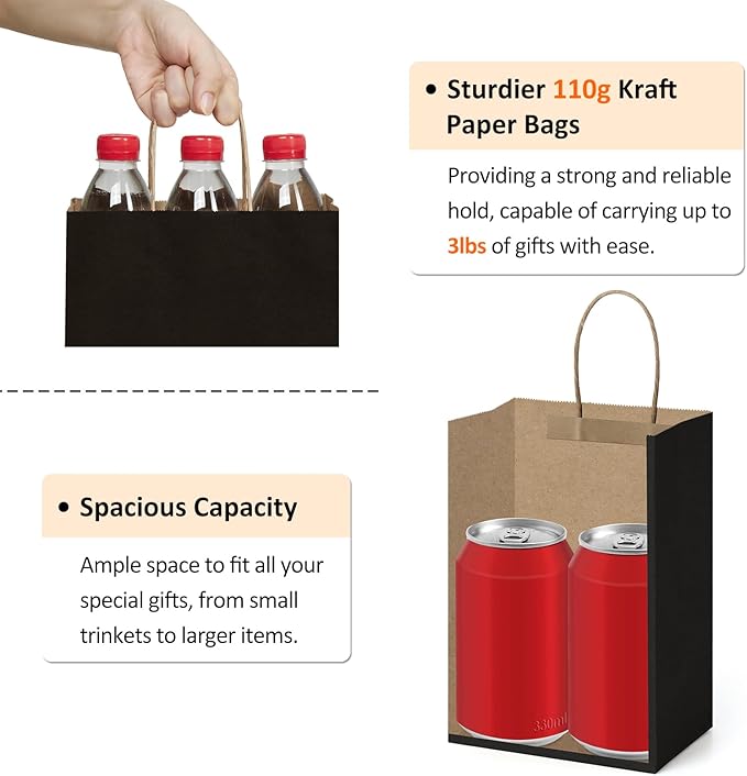 BagDream 150 Pack Small Black Gift Bags 5.25x3x8 Inch Kraft Paper Gift Bags - Image 3