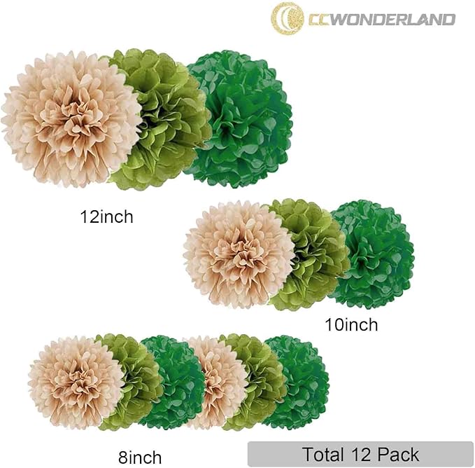 Olive Sage Green Tissue Paper Pom Poms-Tan Boho Tissue Paper Flowers-12PC Wall - Image 2