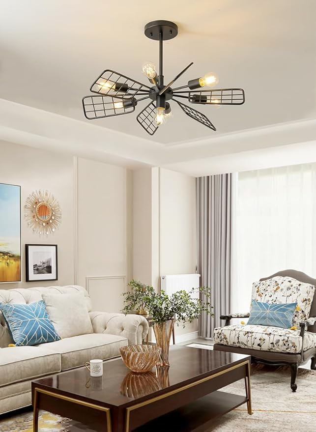 Modern Farmhouse Chandelier, 28 Inch Black Metal Geometry Rustic Vintage Semi - Image 3