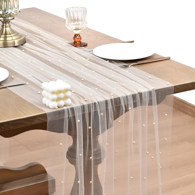Joanlody Fall Pearl Table Runner 10ft Rustic Boho Tulle Table Runner by Joanlody