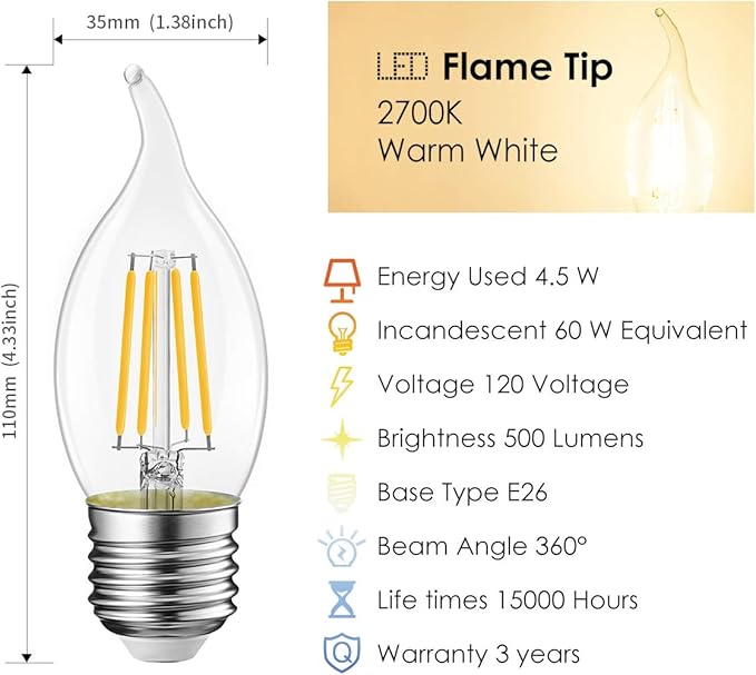LVWIT Flame Tip LED Filament Bulb Candelabra E26 Base Dimmable 4.5W B11 - Image 4