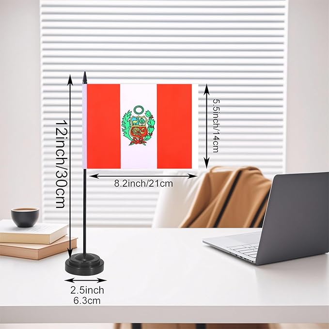 Peru Desk Flag 12" Solid Pole Deluxe Set Peruvian Flags Banner Mini Small Peru - Image 2