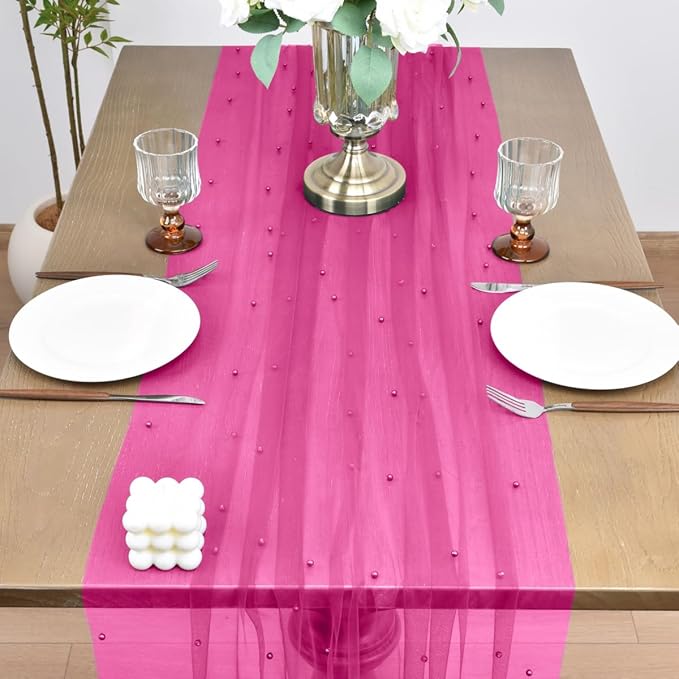 Joanlody Fall Fuschia Pearl Table Runner 10ft Rustic Boho Tulle Table Runner - Image 3