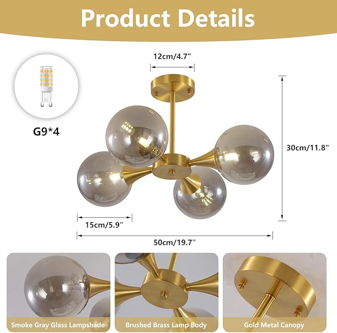 KCO Lighting 4-Lights Modern Gold Globe Semi Flush Mount Ceiling Light Mid - Image 2