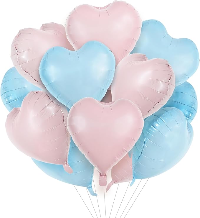 TONIFUL 15Pcs 18 Inch Heart Balloons Pastel Pink Blue Heart Shape Foil Mylar by TONIFUL
