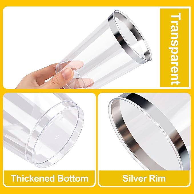 BESTVIP 12oz Silver Plastic Cups, 100 Pack Silver Rimmed Disposable Cups - Image 3