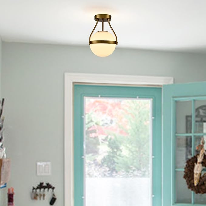 HOLKIRT Modern Semi Flush Mount Light, Mid Century Style 7Inch/18CM Brass Globe - Image 2