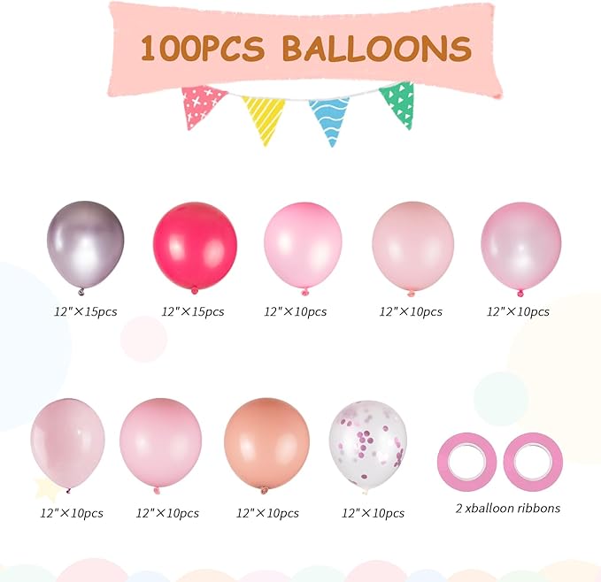 100pcs Pink Balloons Assortment - Image 2