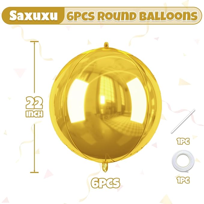 Gold Giant 4D Foil Balloons, Saxuxu 6Pcs Large Metallic Gold Round Balloons - Image 3