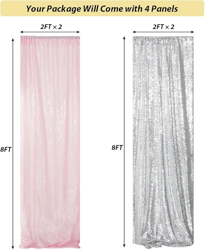 Juya Delight 4 Panels Silver&Pink Sequin Backdrop Curtain 2FTx8FT Glitter - Image 4