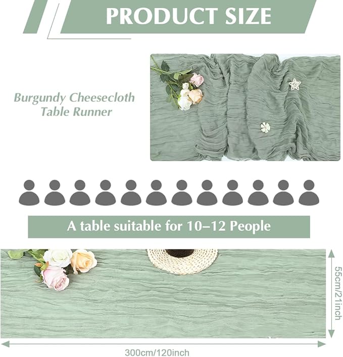 10 Pack Sage Green Cheesecloth Table Runner -21*120Inch Long Boho Wedding Table - Image 2