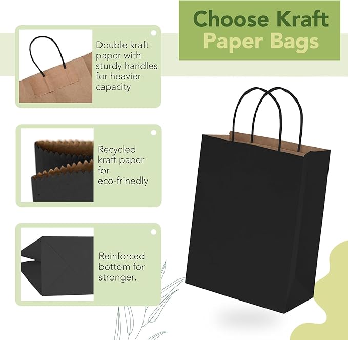 MESHA Gift Paper Bags 400 Pack 8X4.25X10.5 Black Medium Shopping Kraft Bags Bulk - Image 3