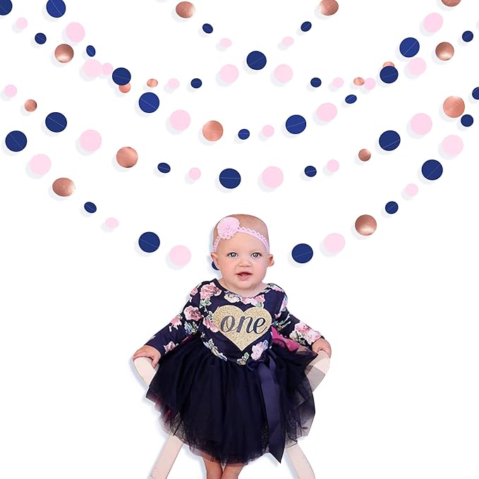 46Ft Navy Blue Blush Circle Dot Garland Royal Blue Pink Rose Gold Hanging Paper - Image 3
