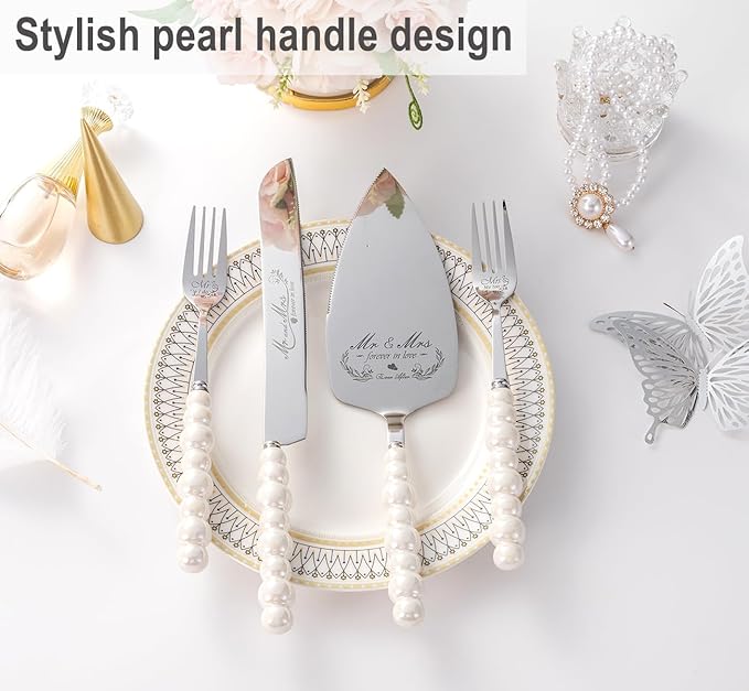 Wedding Cake Knife and Server Set, Ceramic Pearl Handle Cake Cutting Set - Image 3