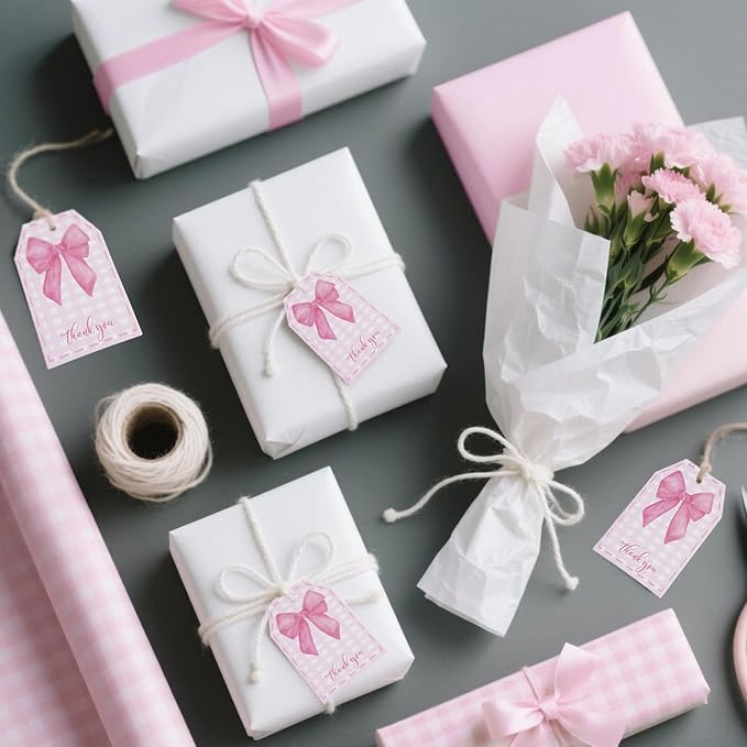 100Pcs Pink Bow Gift Tags with String Pink Buffalo Plaid Large Gift Tags with - Image 5
