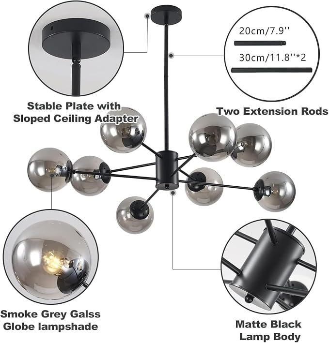 KCO Lighting Modern Glass Globe Sputnik Chandelier 8-Light Mid Century Black - Image 3