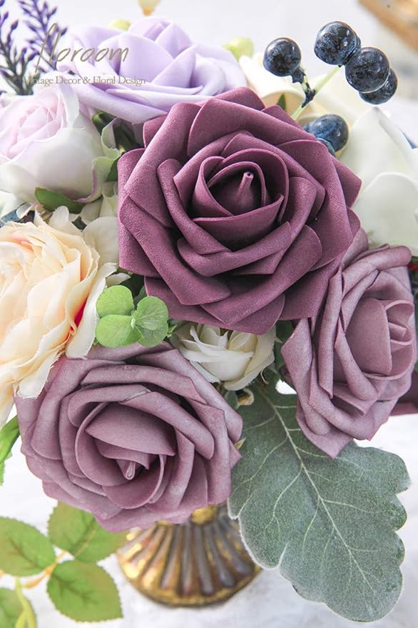 Floroom Artificial Flowers 25pcs Real Looking Plum Foam Fake Roses - Image 3