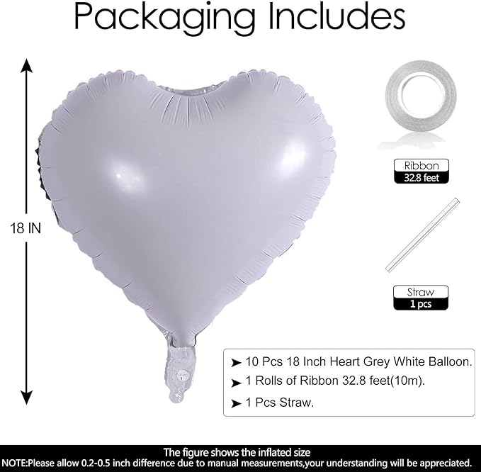 10Pcs Grey White Foil Heart Shaped Balloons 18 Inch Mylar - Image 2