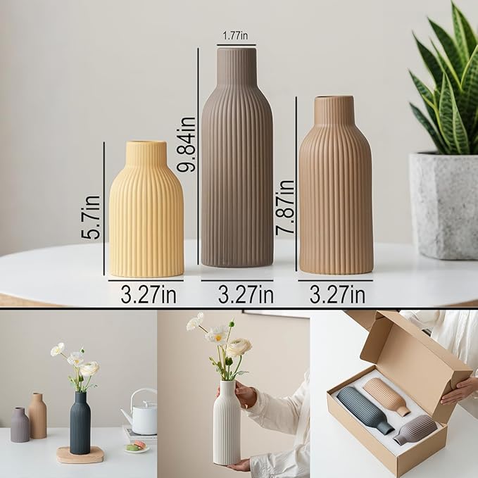 Modern Ceramic Vases Set of 3, Coffee Table Ribbed Decorative Vases, Shelf - Image 2