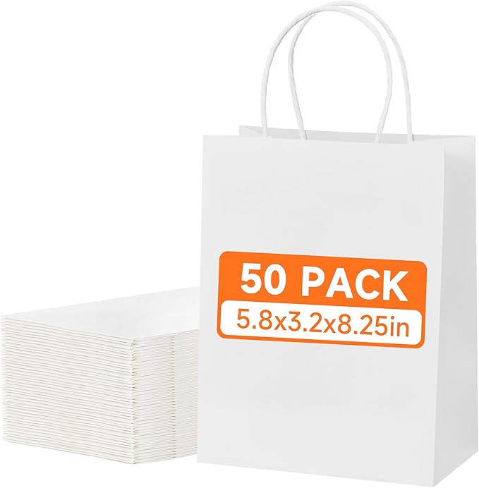 METAPRINT 50 Pack Small Gift Bags 5.8x3.2x8.25 Inch White Paper Bags by METAPRINT