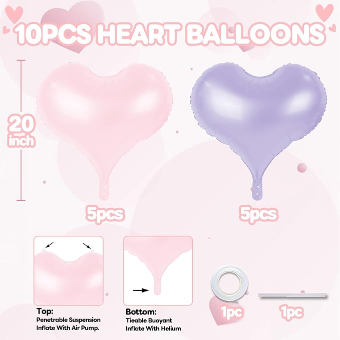 20 Inch Pink Purple Heart Balloons, Pastel Helium Balloon - Image 2