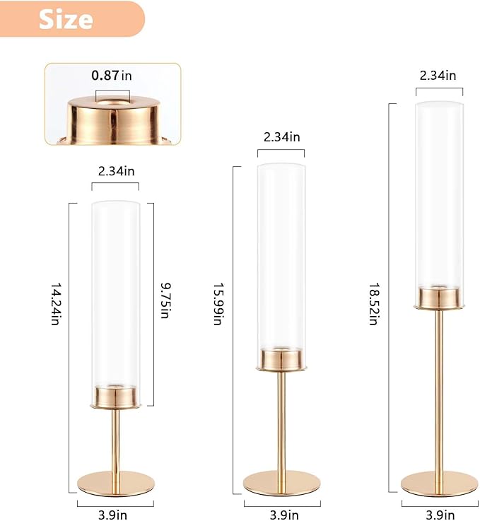 Gold Candle Holders Set of 3 for Glass Taper Candle Holders, Hurricane - Image 2