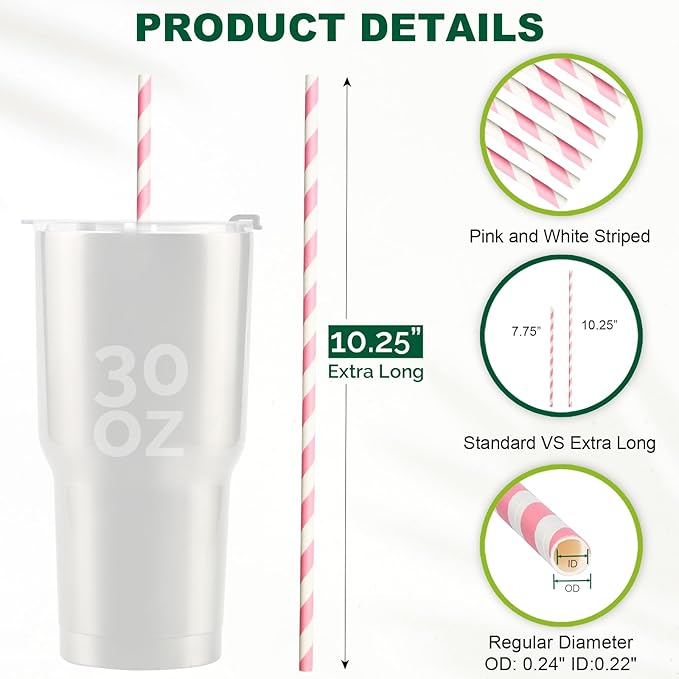 10.25" Long Pink/White Striped Disposable Paper Drinking Straws Bulk - Image 2