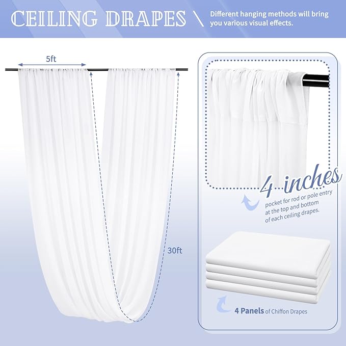 4 Panels White Ceiling Drapes for Wedding 5ftx30ft Sheer Drapery Chiffon Fabric - Image 2