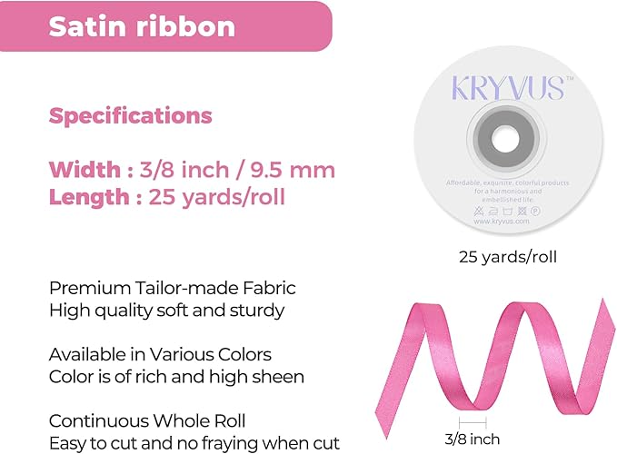 Hot Pink Satin Ribbon 3/8 inch X Continuous 25 Yards, Single Face Polyester - Image 3