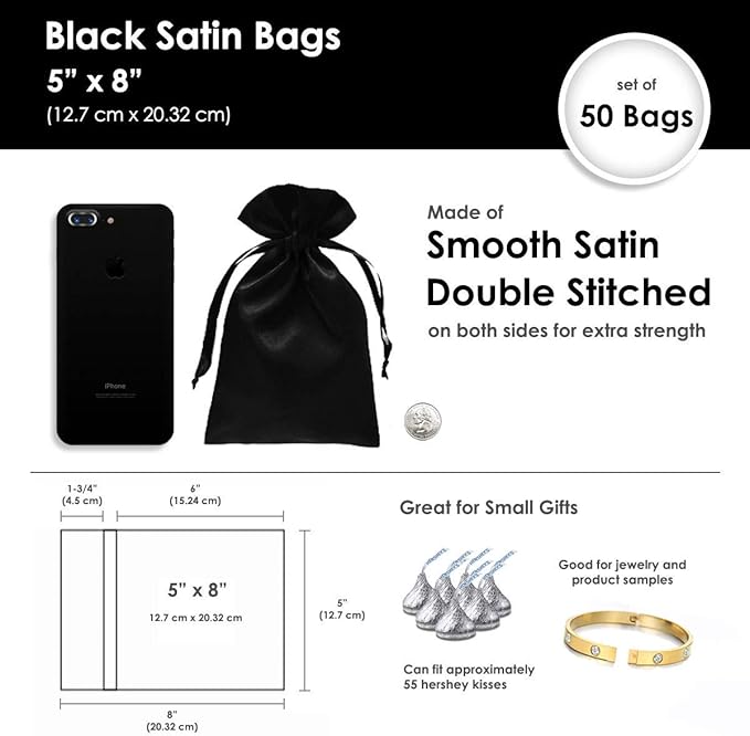 5" x 8" Black Satin Gift Bags, Jewelry Bags, Wedding Favor Drawstring Bags Baby - Image 4