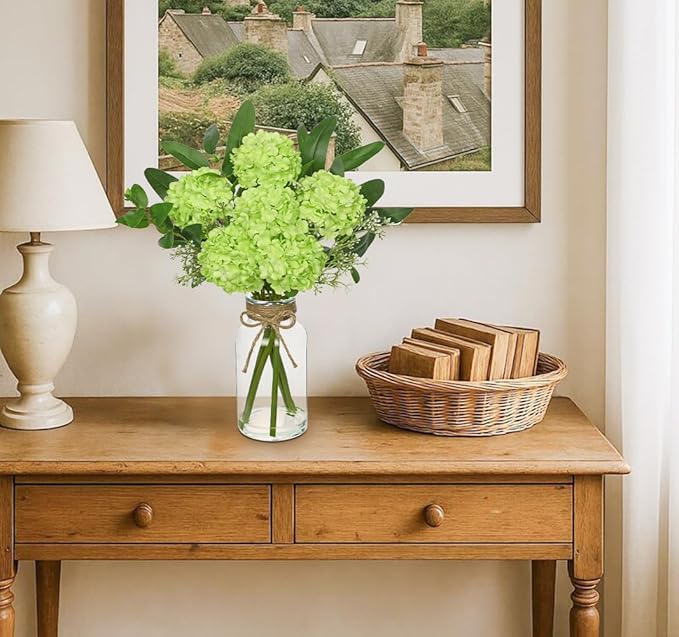 Hollyone Green Hydrangea Artificial Flowers in Clear Glass Vase - Image 5