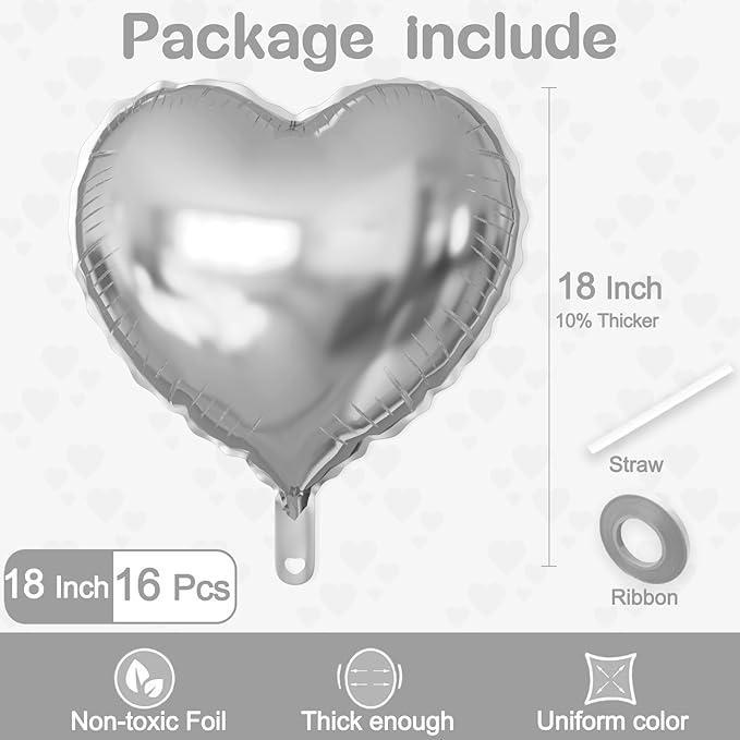 16 Pcs Heart Balloons, 18 Inch Silver Love Heart Shaped Foil Balloons - Image 2