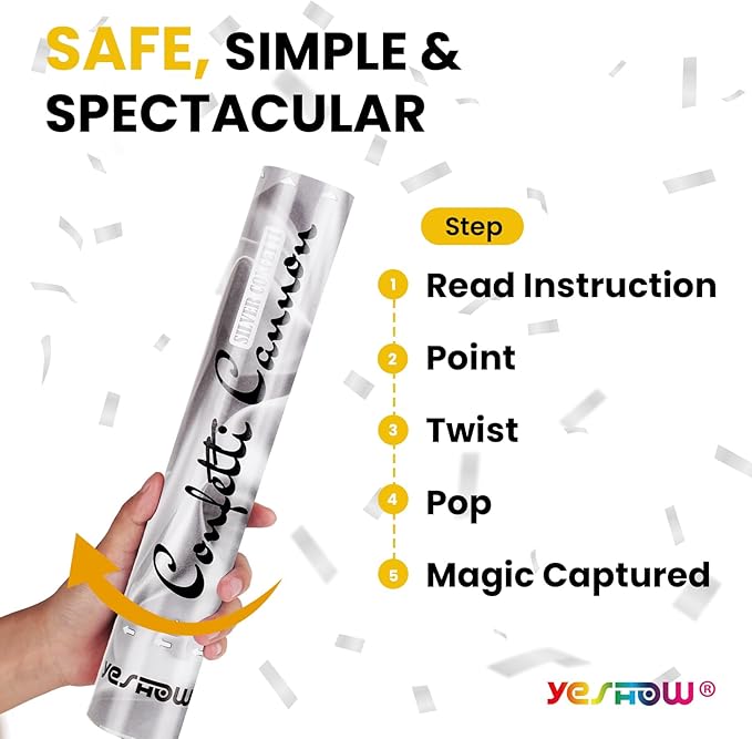 Confetti Cannon Party Poppers Shooters, YESHOW Confetti Blaster Silver Metallic - Image 2