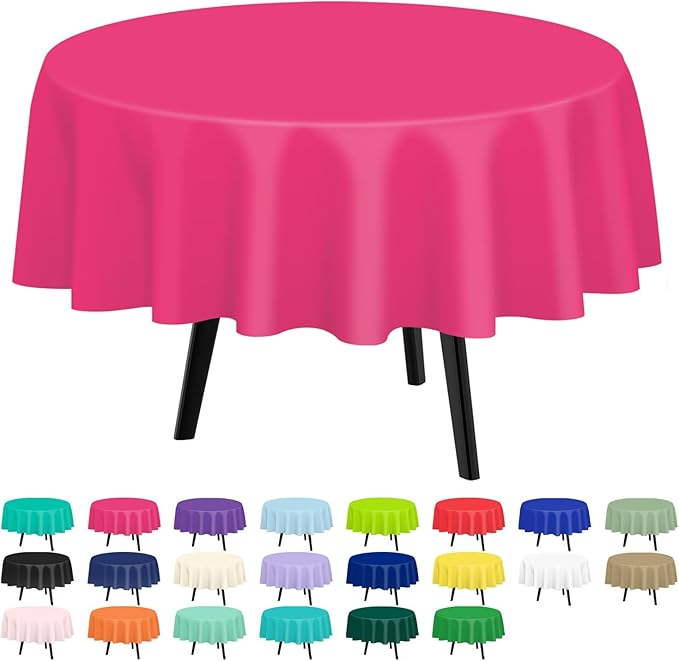 QIKSION Hot Pink Round Tablecloth 6 Pack, 84 Inch Plastic Table Cover Disposable by QIKSION