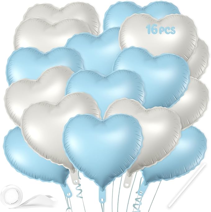 16 Pcs Heart Balloons, 18 Inch Blue White Sand Love Heart Shaped Foil Balloons by VHUWE