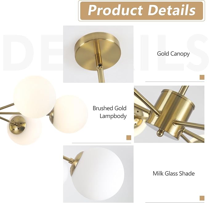 KCO 6-Light Globe Sputnik Chandelier Milk Glass Modern Gold Chandelier Light - Image 3