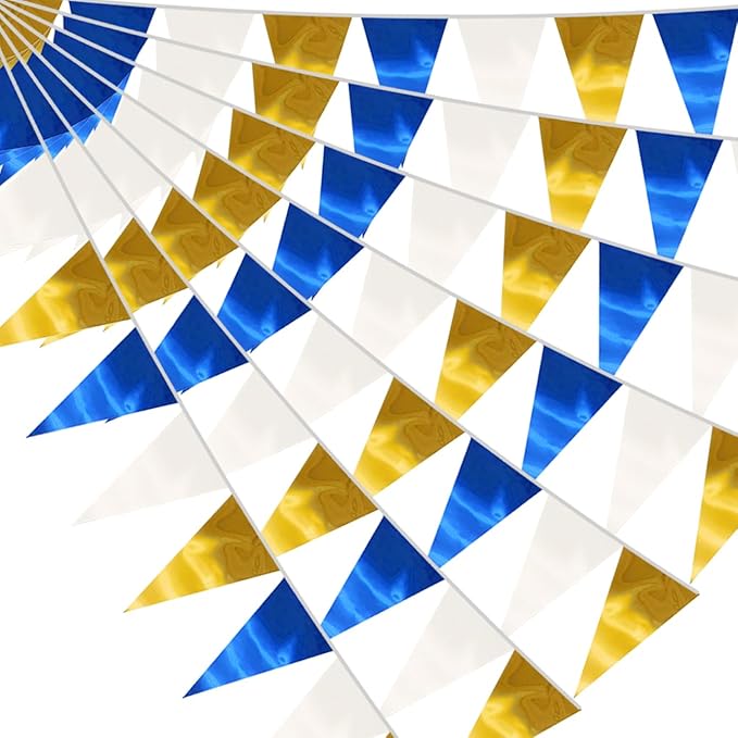 65FT Navy-Blue White Gold Triangle Pennant Banner Flag Metallic Fabric Bunting by raqieden