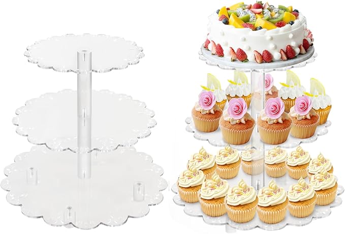 3 Tiers Acrylic Cupcake Stand, Lacework Design Cake Tower Stand Holder Macaron by Ufurty