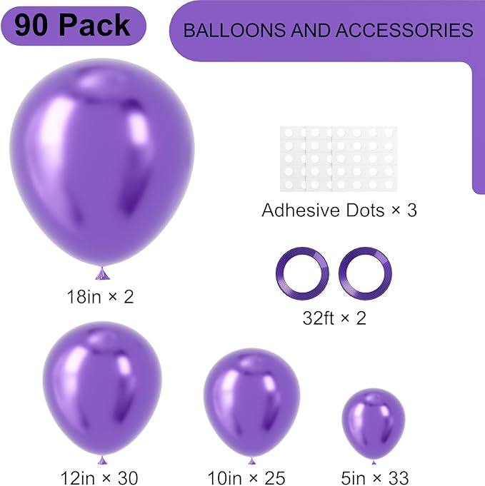 90pack Metallic Purple Balloons Different Size 18/12/10/5 Inch Metallic Purple - Image 2