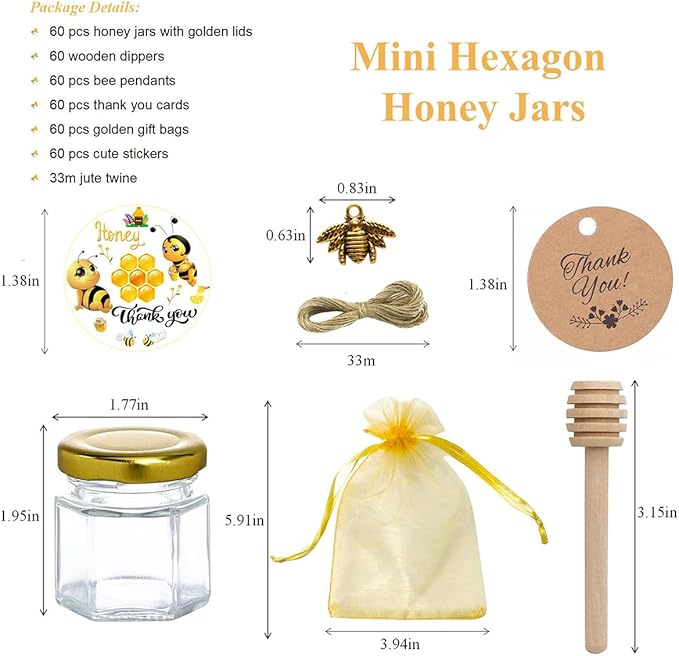 IIKUM 60 Pack 1.5 oz Hexagon Mini Glass Honey Jars - Image 2