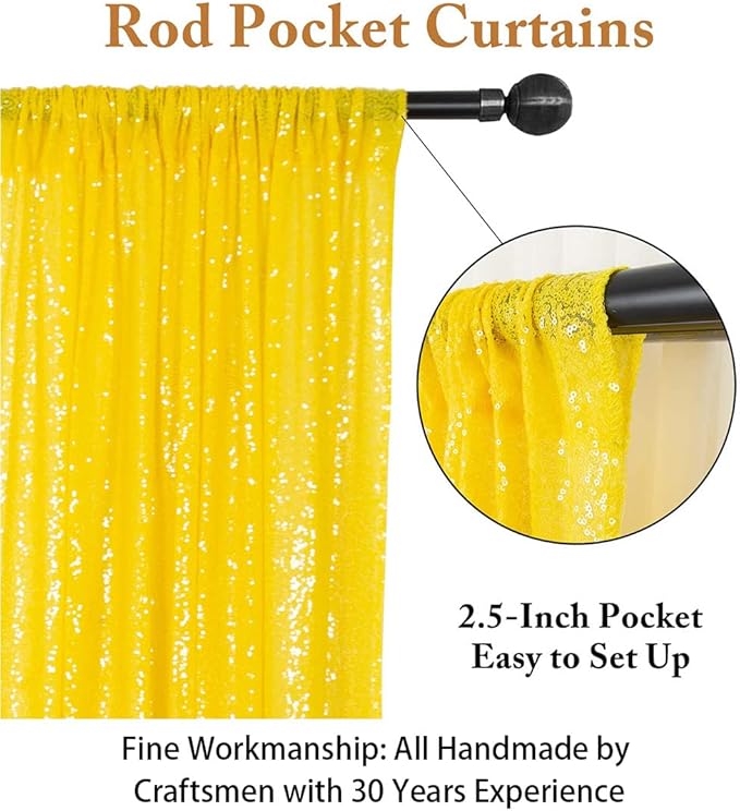 ShinyBeauty Sparkle Backdrop Curtain Yellow 2 Panels Set Sequin Photo Backdrop - Image 3